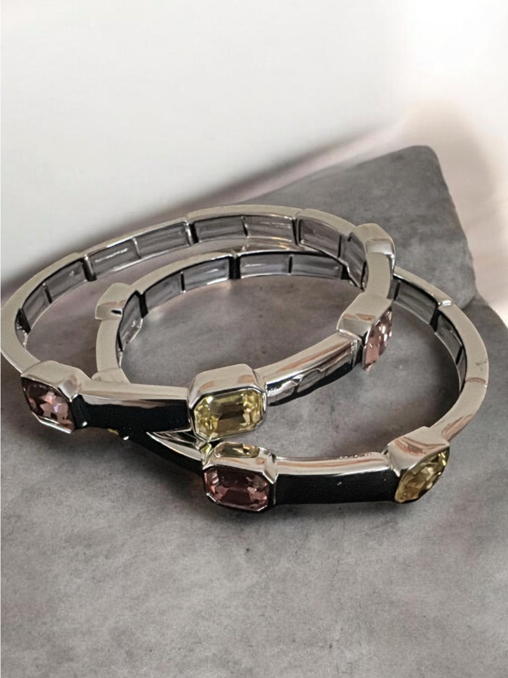 2 Bomb Party Silver-Tone Stretch Bracelet Sets with Yellow and Pink Stones